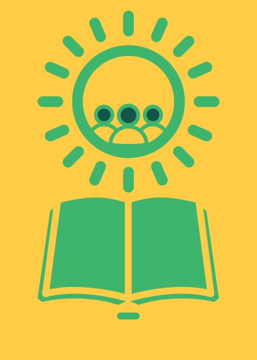 Icon of a sun with a small group inside, over an open book