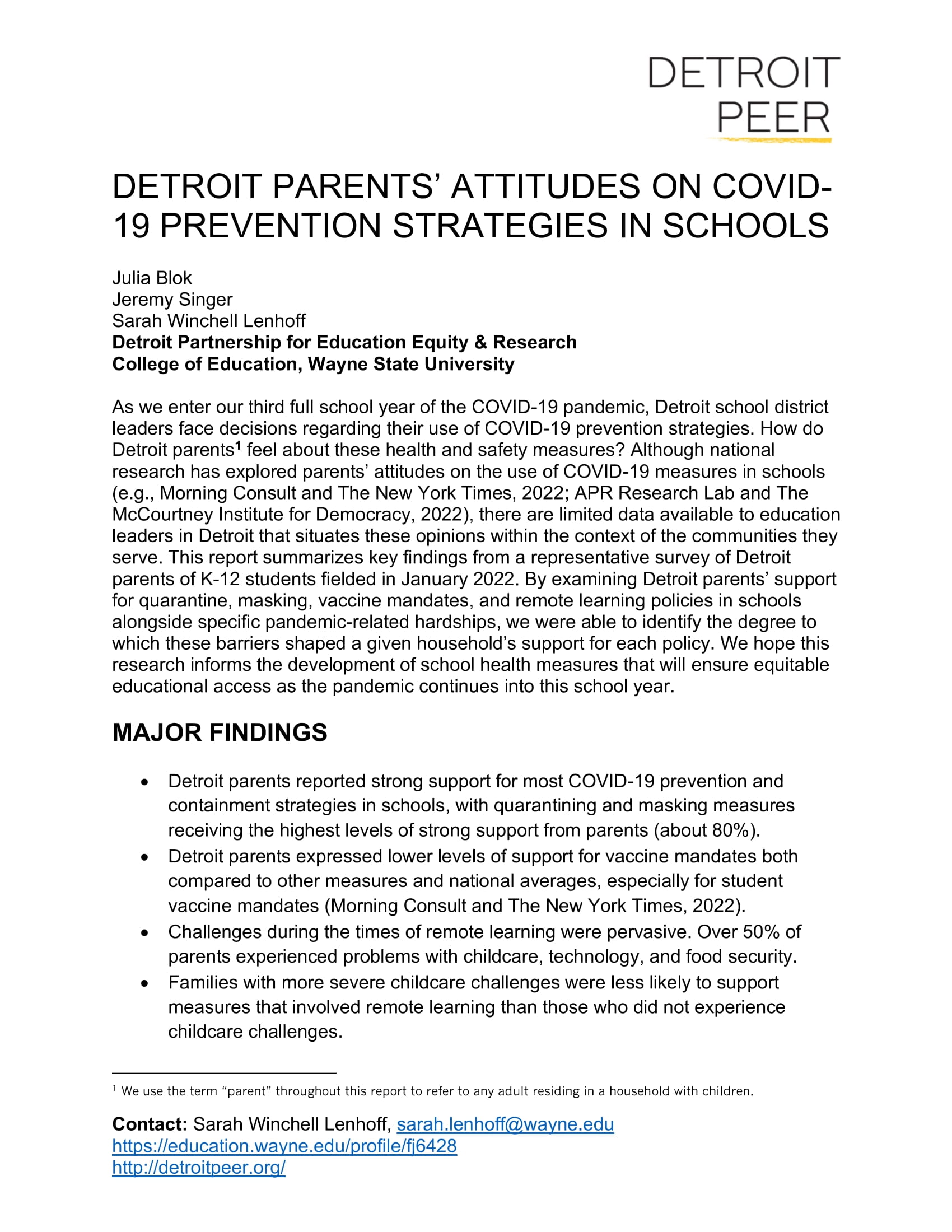 Detroit Parents' Attitudes on COVID-19 Prevention Strategies in Schools