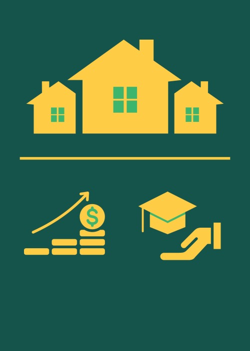 Icons of a graph of increasing money, a hand holding a graduation cap, and a neighborhood above them both